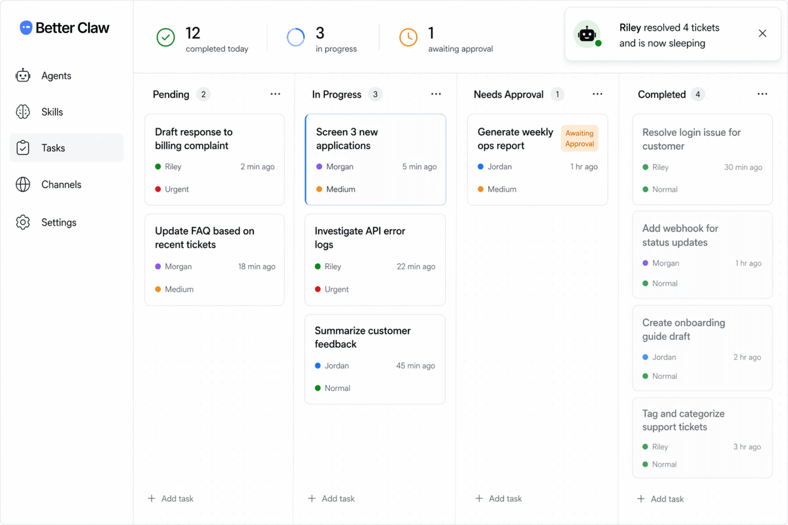 BetterClaw agent task dashboard with tasks grouped by backlog, ready, running, success and failure states