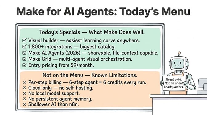 Make for AI Agents: Today's Menu. Today's specials, what Make does well: a visual builder with the easiest learning curve anywhere, 1,800+ integrations, Make AI Agents launched in 2026 with a shareable visual catalog, and low entry pricing from $9/month. Not on the menu, known limitations: per-step billing that adds up fast, cloud-only with no self-hosting, no exact-export support, and shallower AI depth than n8n