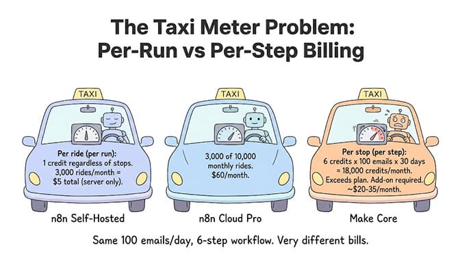 The Taxi Meter Problem: per-run vs per-step billing. Three identical 6-step agent workflows shown as taxi rides. On n8n self-hosted, the meter charges once per run. On n8n Cloud, once per run on a metered plan. On Make, the meter ticks for every one of the 6 steps. Same 100 emails a day, very different bills, because Make charges per step and n8n charges per run