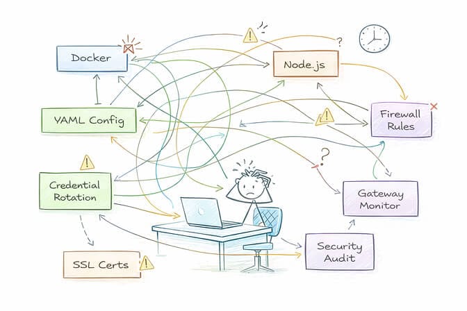 Self-hosting OpenClaw infrastructure requirements including server management, credential rotation, and monitoring
