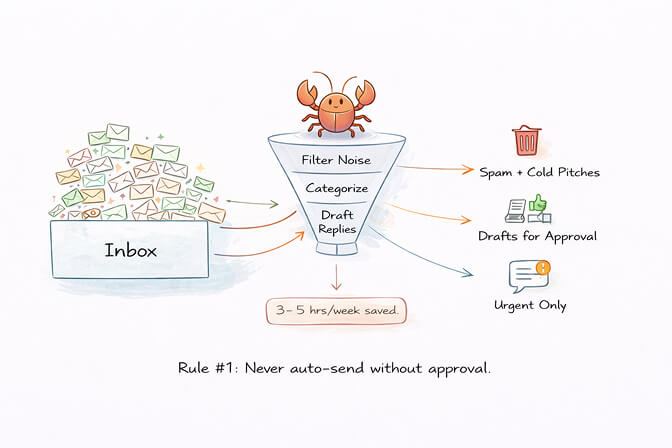 OpenClaw email triage automation showing inbox categorization by urgency with draft replies queued for approval