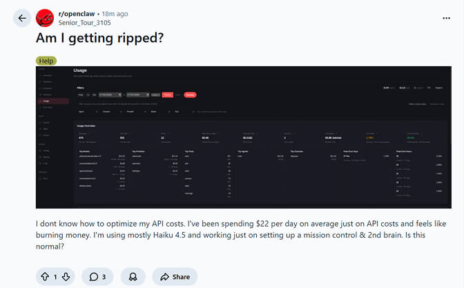 Reddit post from r/openclaw showing a user spending $22 per day on Haiku API costs with OpenClaw usage dashboard