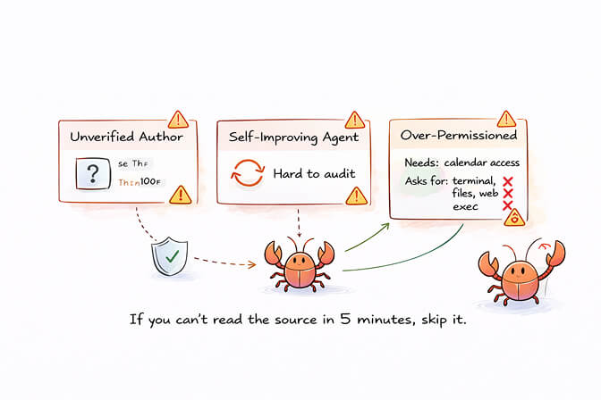 Warning signs for unsafe OpenClaw skills showing red flags to watch for on ClawHub