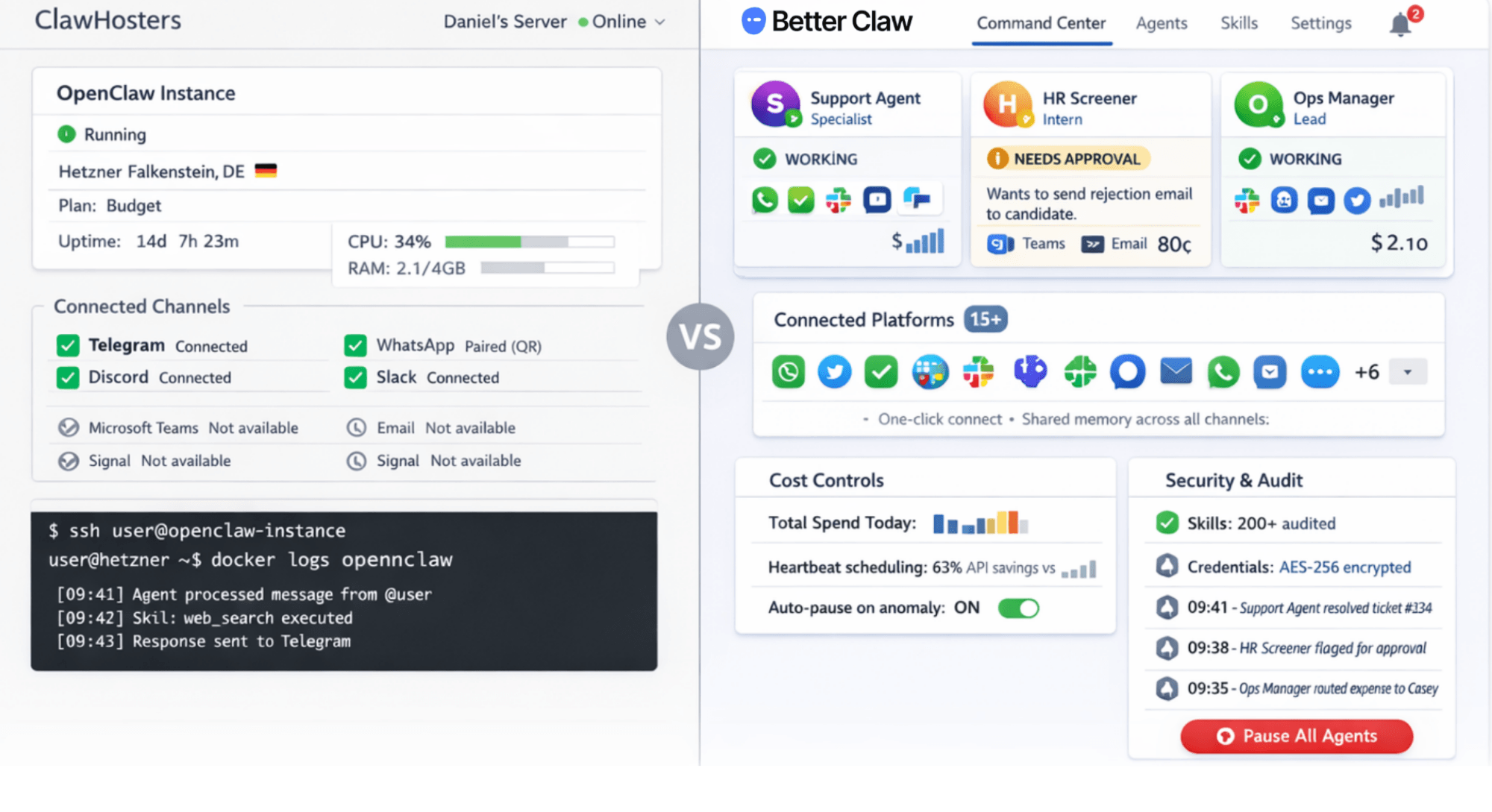 BetterClaw vs ClawHosters comparison dashboard