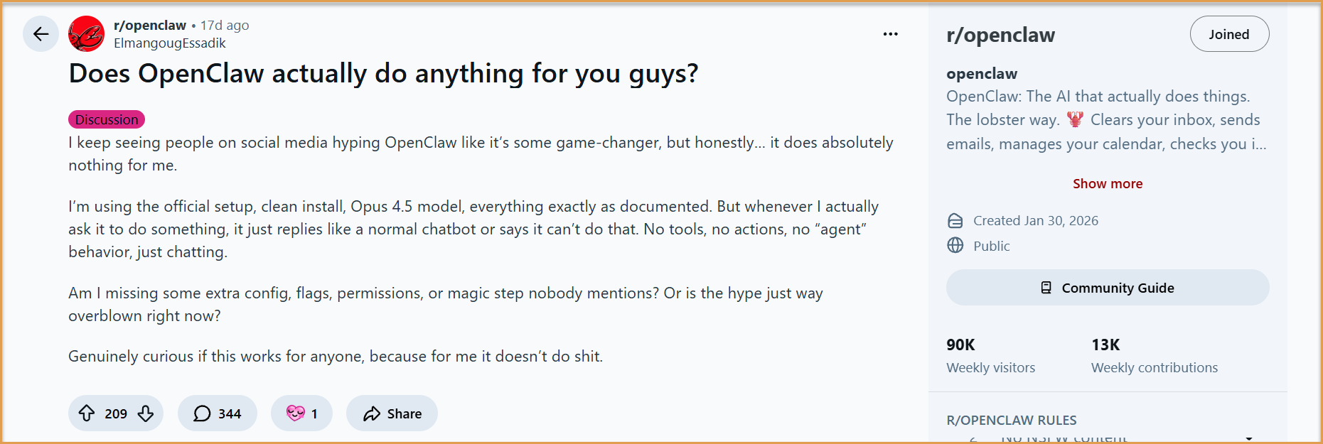 Reddit discussion about OpenClaw limitations