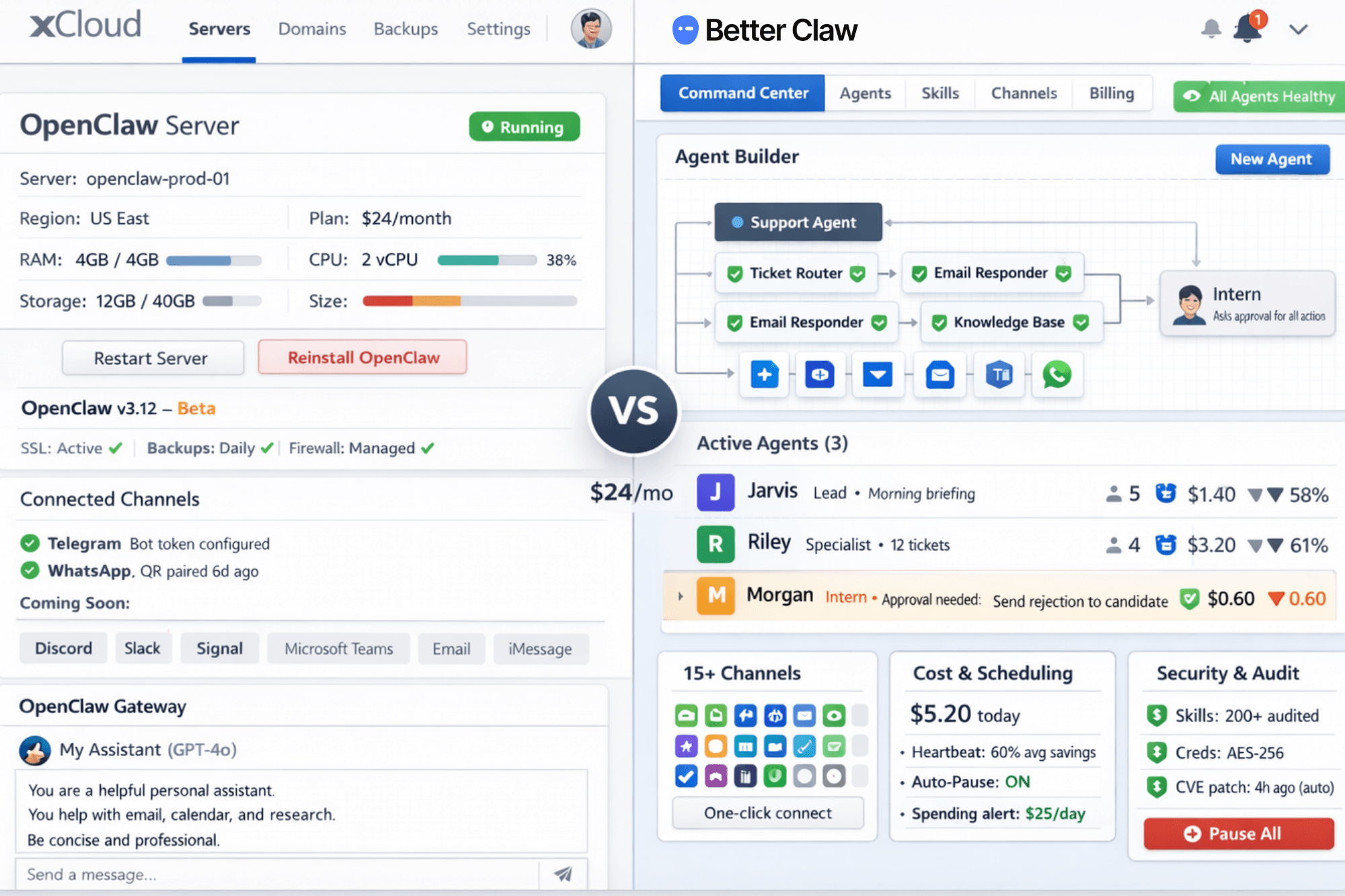 BetterClaw vs xCloud comparison dashboard
